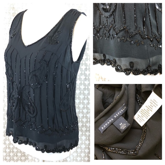 Banana Republic Tops - BANANA REPUBLIC 100% Silk Beaded Tank Black M EUC